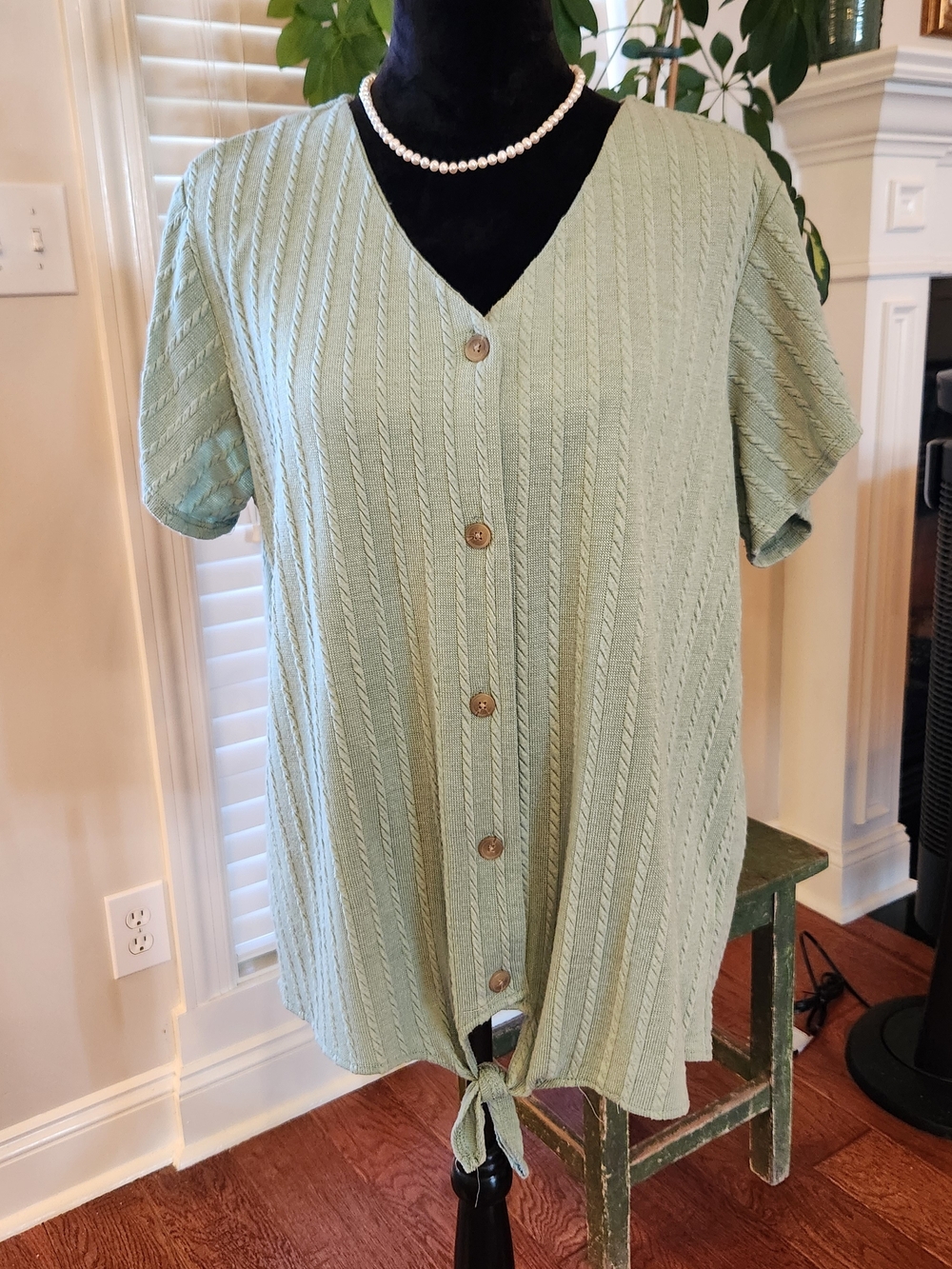 Weatherproof Sage Green Button-Front Tie-Hem Blouse